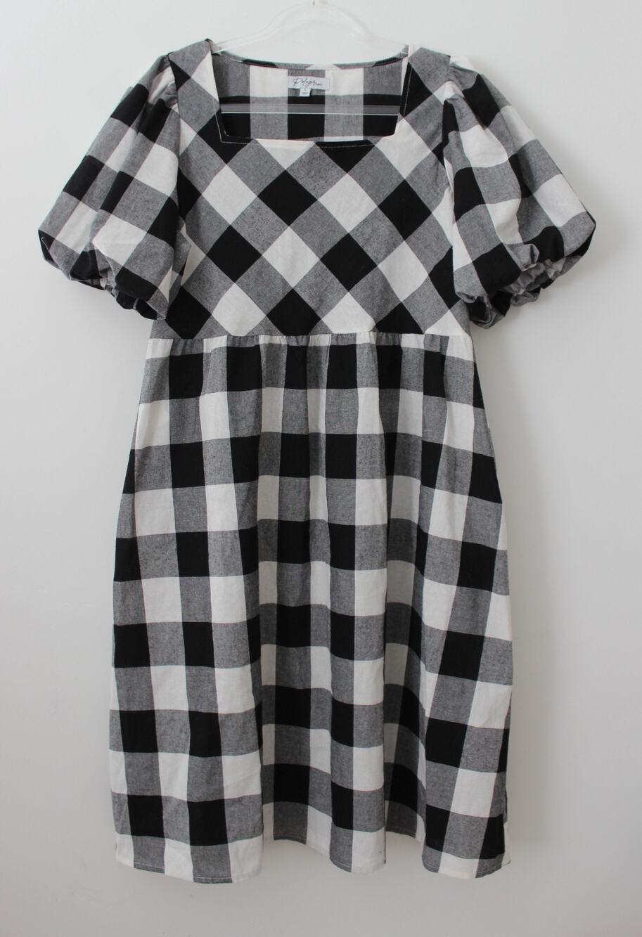 Polagram Womens Puff Sleeve Square Neck Dress w/Pockets Black/White Size L Used